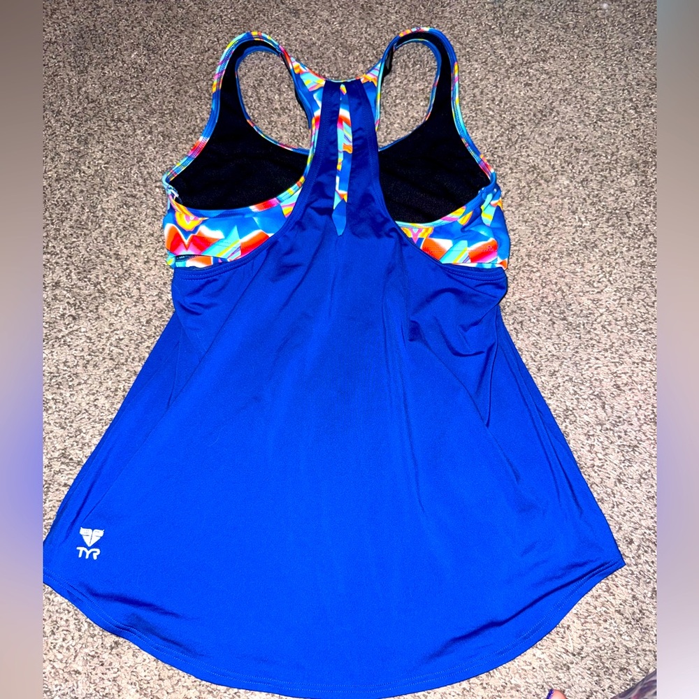 Tyr Sports bra tankini top royal blue and bright multicolored size medium